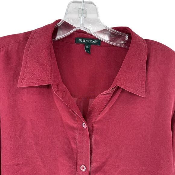 Eileen Fisher Top Silk Long Sleeve Button Up XS Burgundy Red Collared Relaxed - Picture 2 of 11